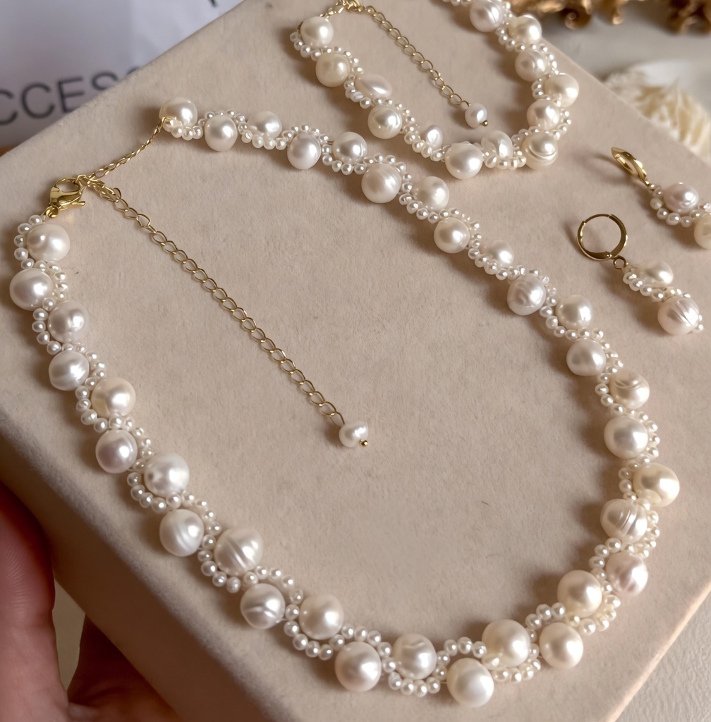 Elegant Pearl Jewelry Set for Women - Necklace, Bracelet & Earrings | Bridal Pearl Choker Set | Wedding & Party Wear