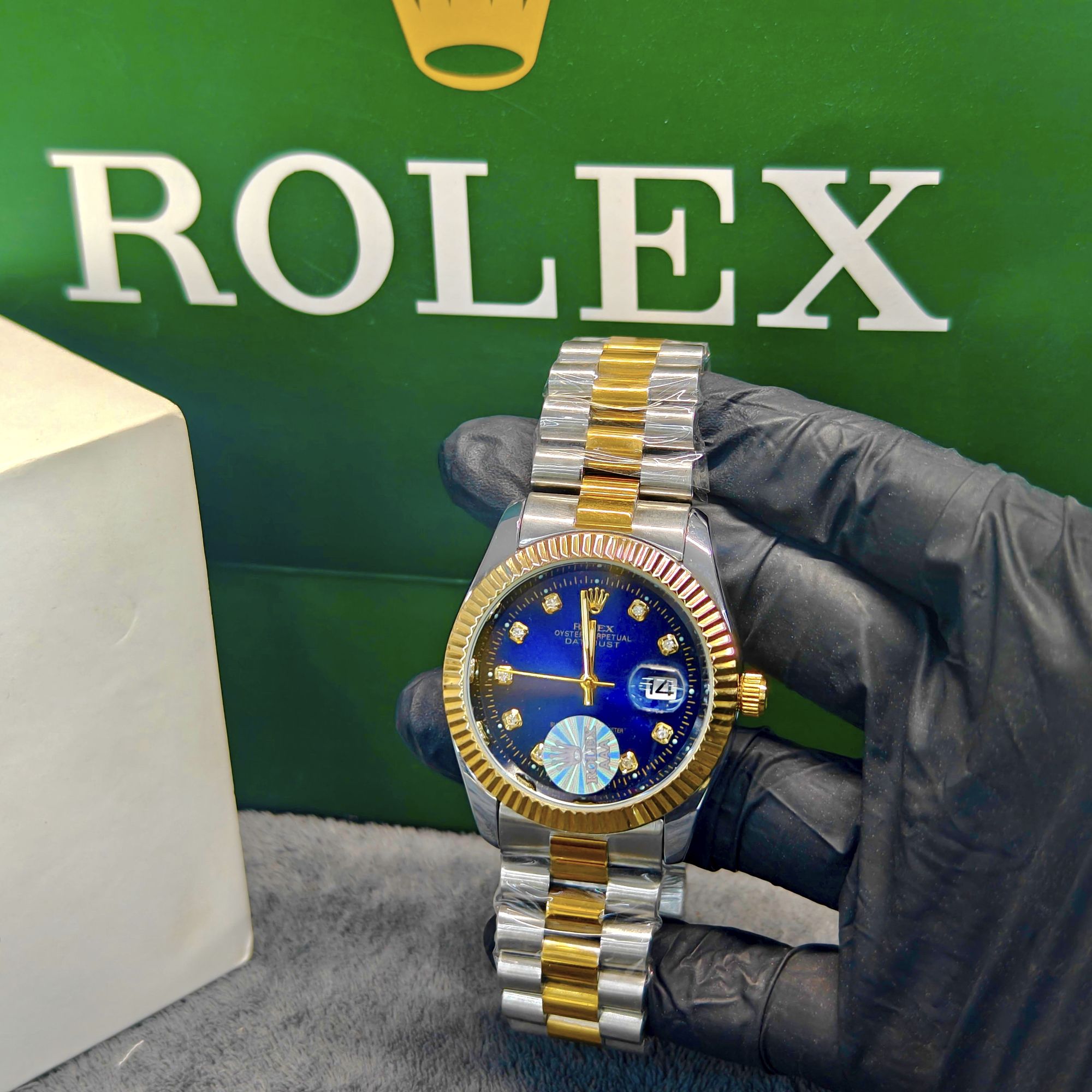 RLX Luxury Master Edition Two Tone Blue Sunburst Dial Men's Watch | Luminous Night Glow Dial & Hands | Premium Stainless Steel Bracelet | Date Display | Executive Business Dress Wrist Watch for Men