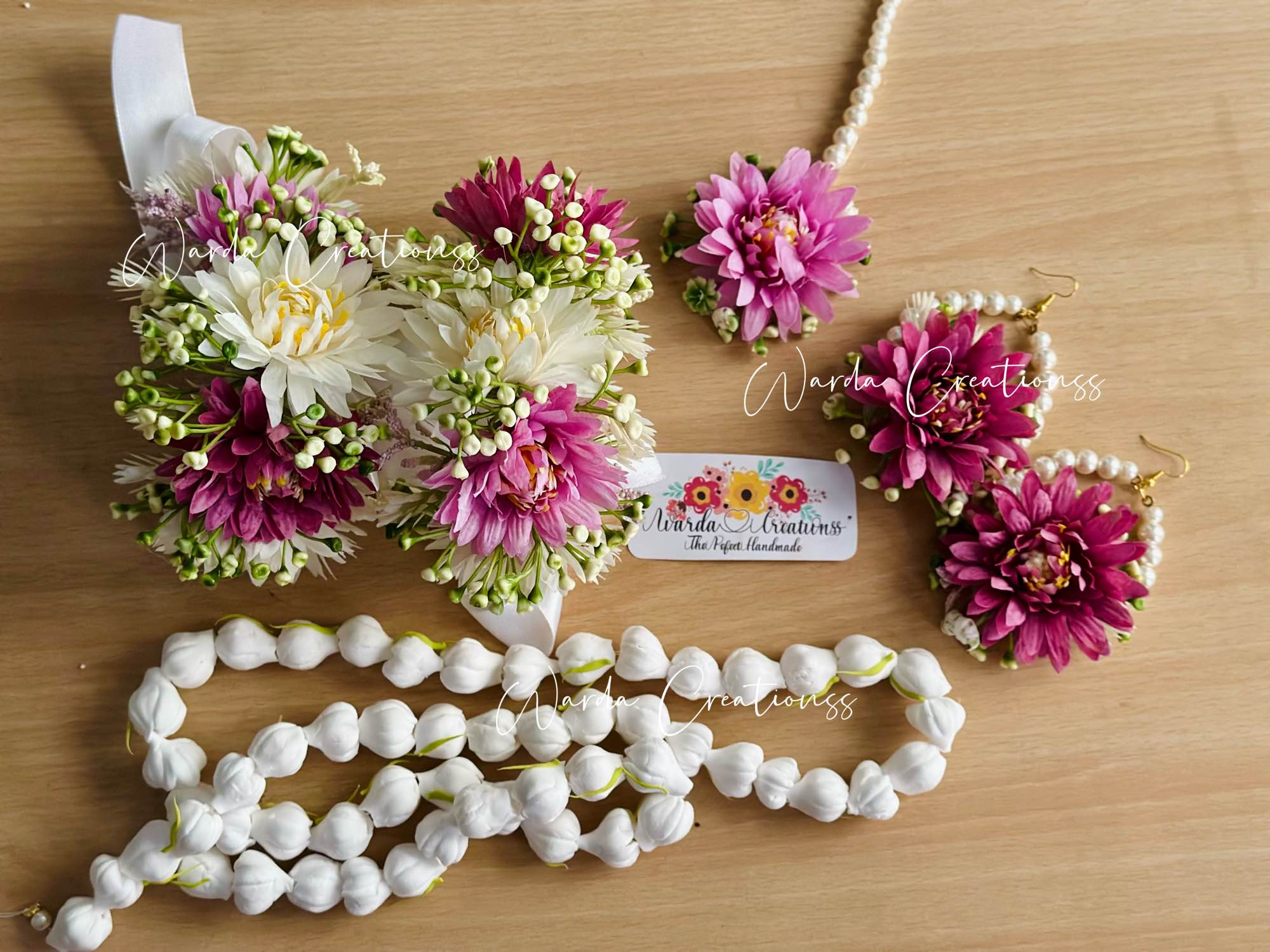 Handmade Plum & White Floral Bridal Jewelry Set | Mehndi, Dholki & Nikah Flower Jewelry