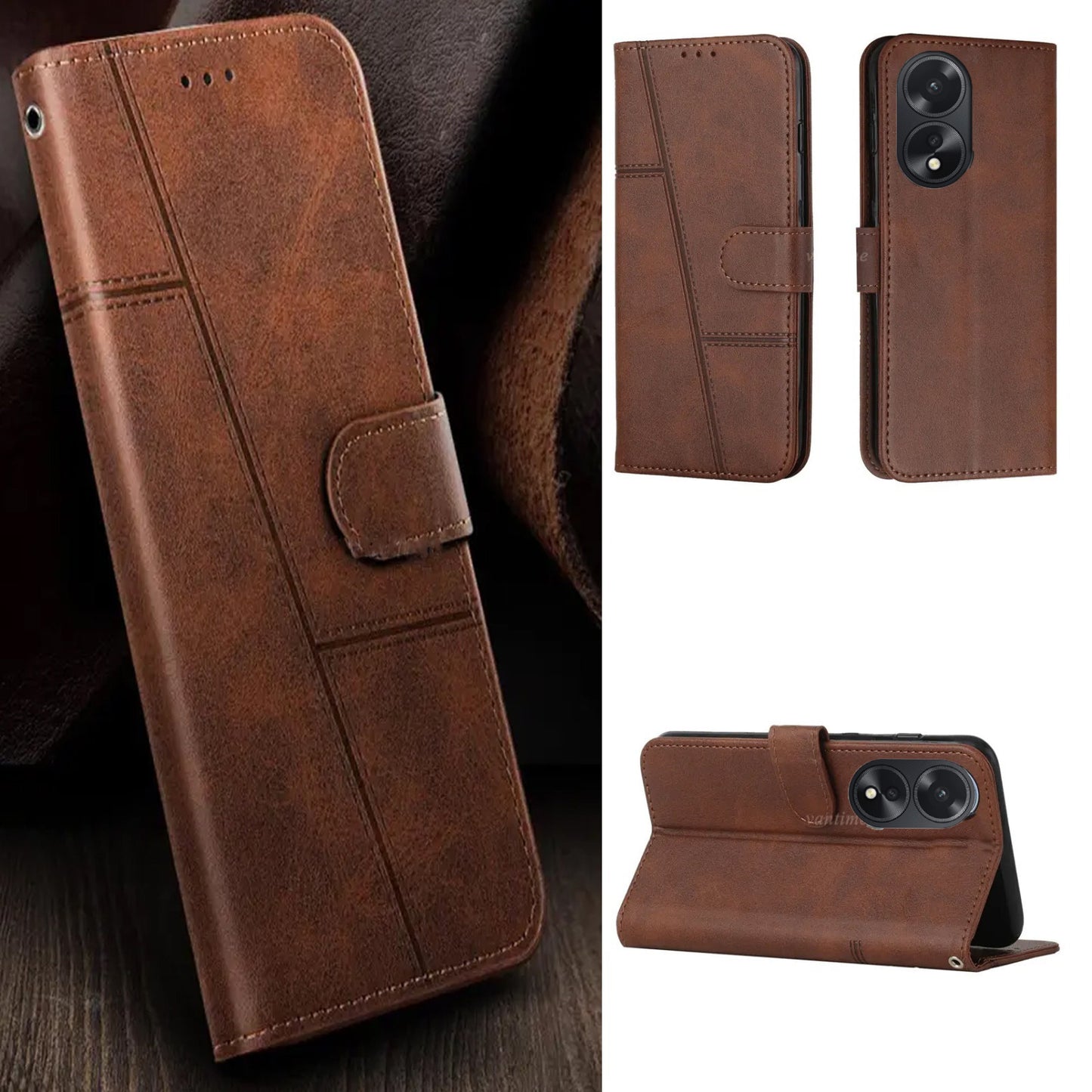 Premium Vintage Leather Flip Cover for OPPO A18 / A38  Luxury Wallet Case with Magnetic Closure & Kickstand -