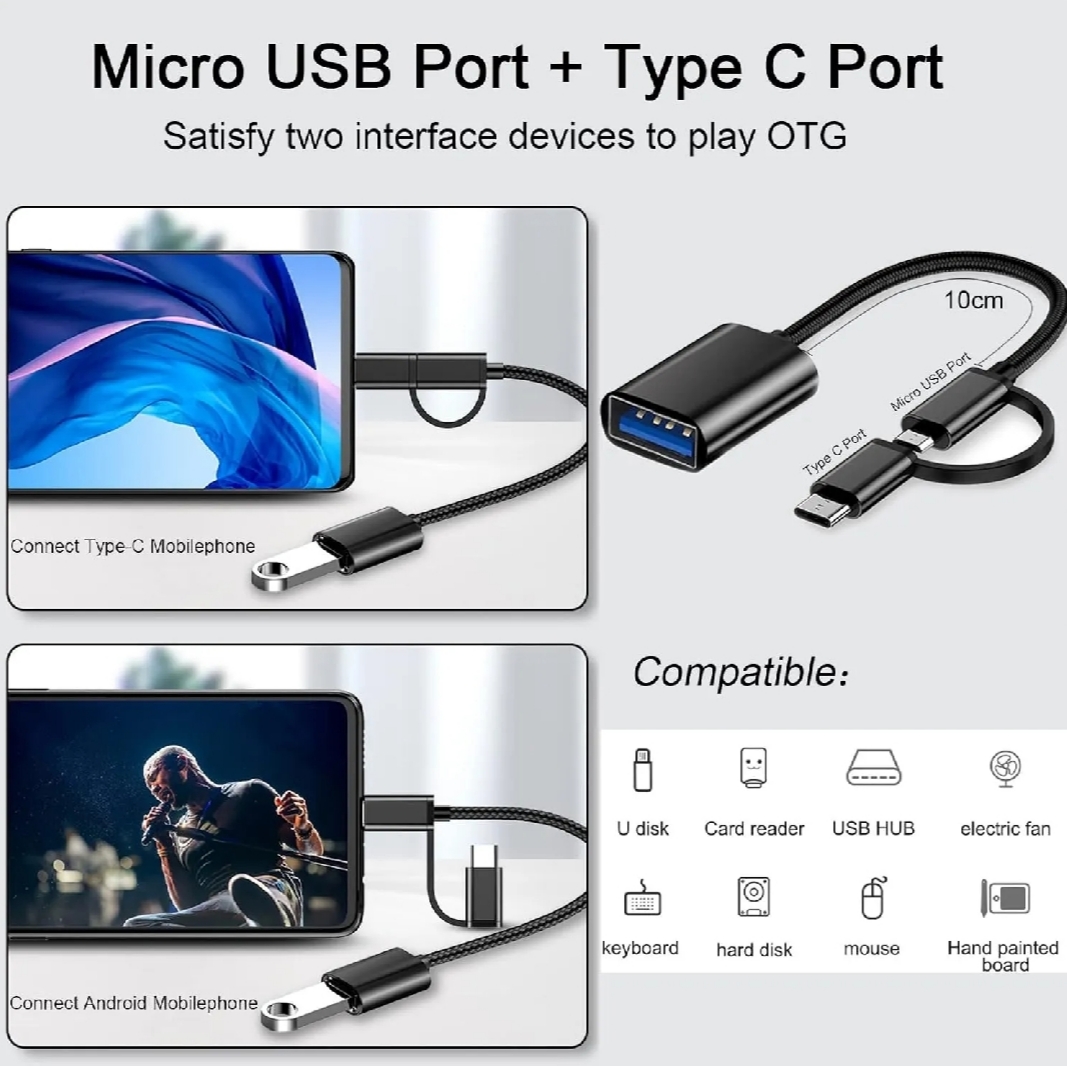 2 in 1 Type C + Micro USB OTG Adapter USB 3.0 | Alloy Frame With Frabric Wire | High Speed Data Transfer Pendrive Connector for Android Mobile Tablet Laptop | Type C & Micro USB OTG Cable