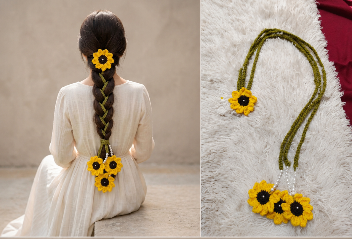 Handmade Crochet Sunflower Hair Braid Accessory for Girls & Women | Sunflower parandi| Korean Style Crochet Hair Decoration | Handmade Gift Customizedable