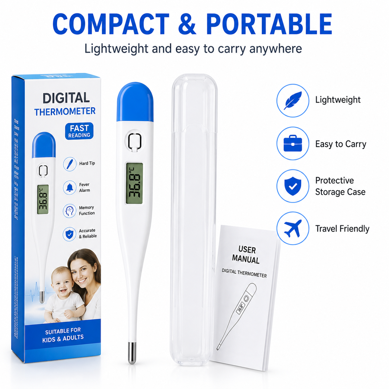 Digital Thermometer |  Fast Reading | Fever Alarm | LCD Display | Celsius & Fahrenheit | Combo Pack