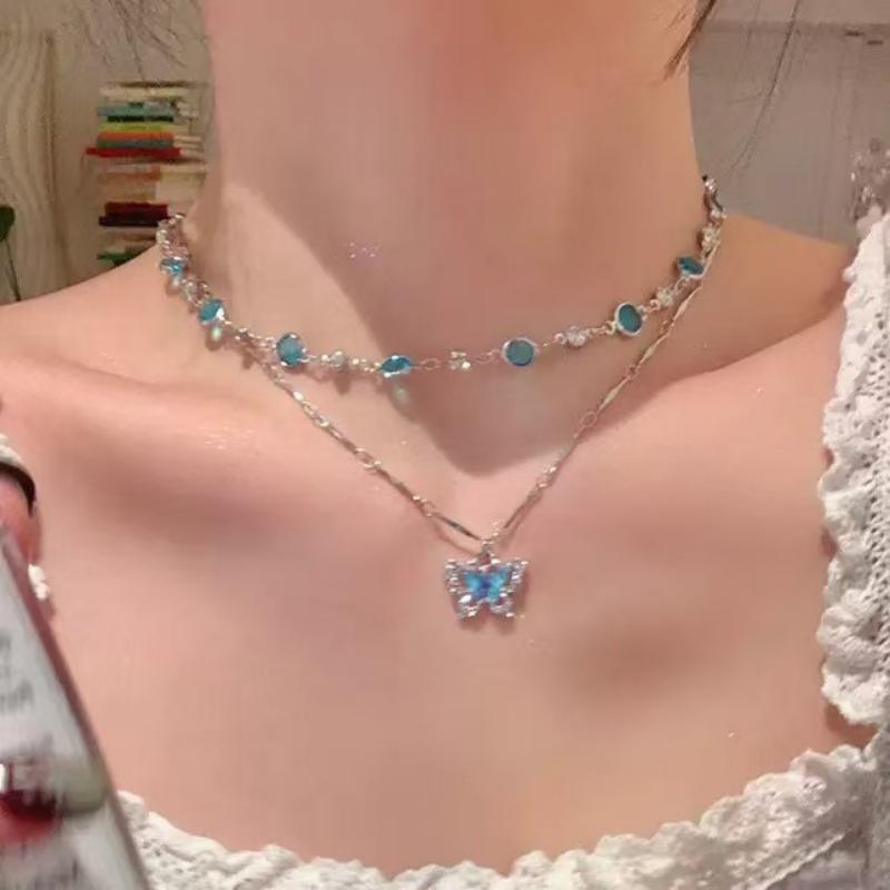 Romantic Blue Crystal Butterfly Necklace for Women Girls Simple Shiny Zircon Bilayer Choker Clavicle Chain New Fine Jewelry