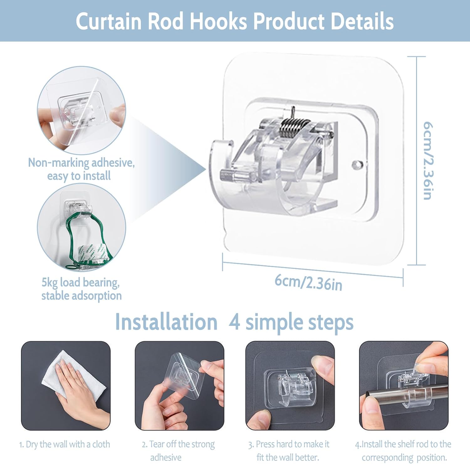 Clear Adhesive Curtain Rod Hooks – Self-Stick PVC Holders for Rods & Poles (2 Pcs)