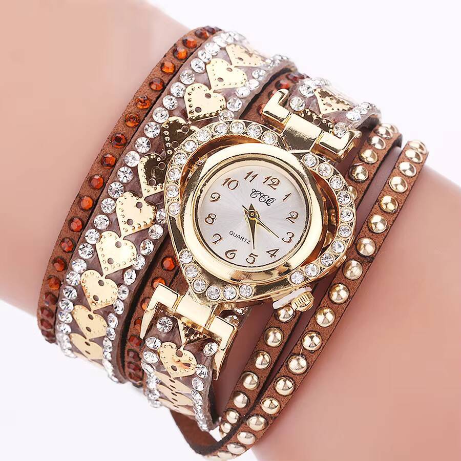 Fashion Rhinestone Heart Dial Women Watches Long Leather Strap Bracelet Wristwatch Reloj Mujer Girls Clock