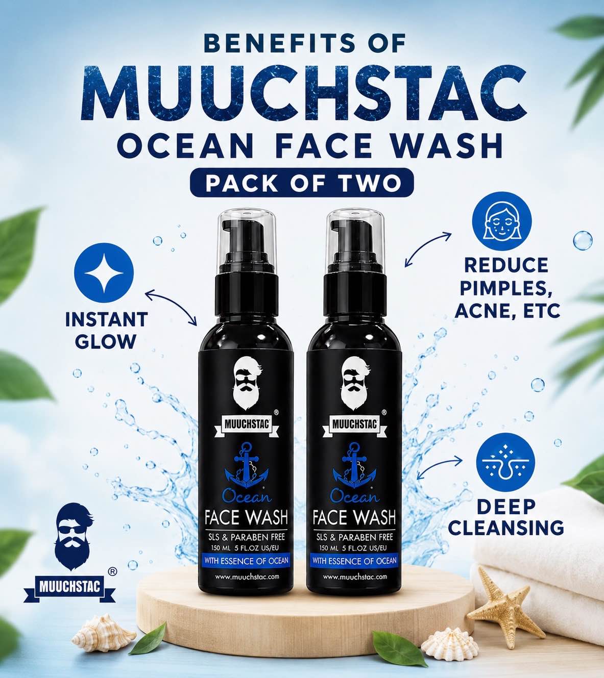 Muuchstac Ocean Face Wash Pack of 2 – Men & Women Face Cleanser for Deep Cleansing, Oil Control, Dirt Removal, Fresh Skin Feel & Daily Skincare Routine