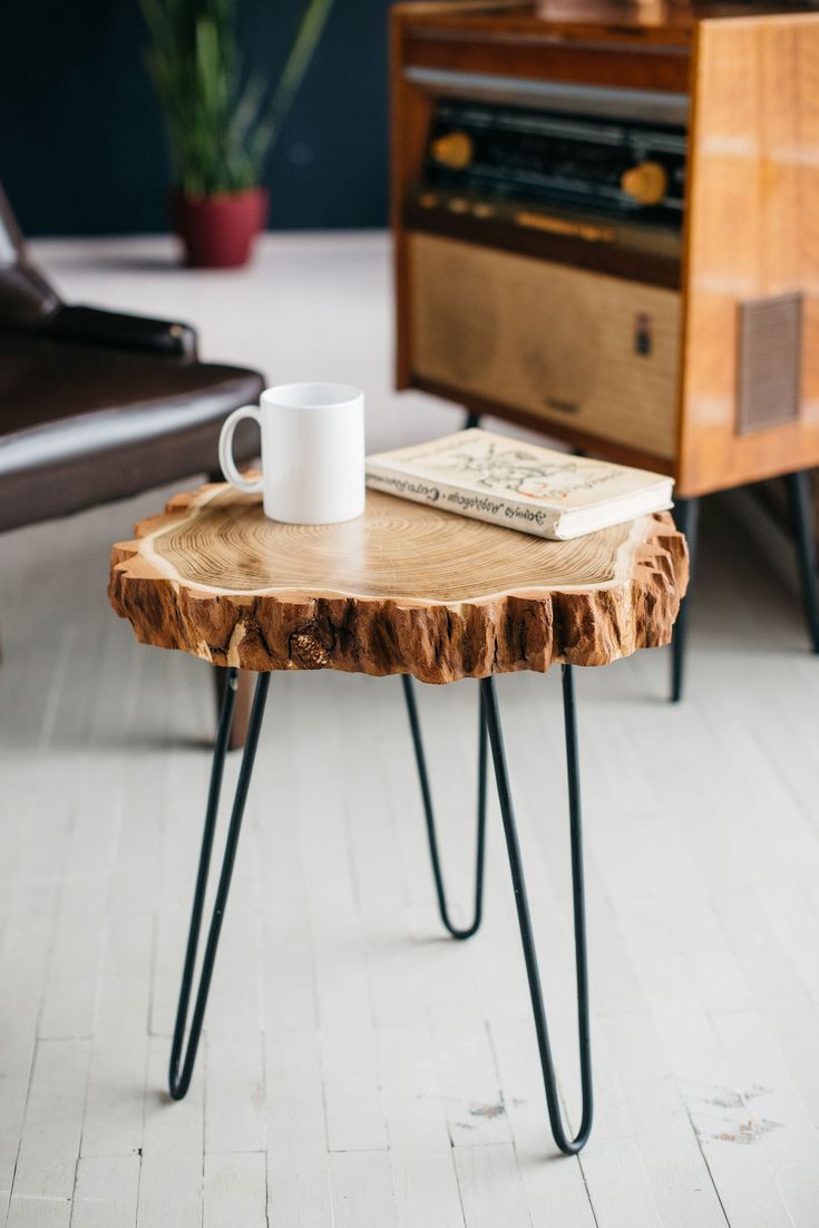Live edge Coffee Table - Rustic Nesting Coffee Table - Mid Century Wood Slab Coffee Table with Hairpin legs - Retro Accent Center Table for living Room - Old Elm End Wooden Coffee/Side Table for Sofa -  Handmade Round Coffee Table
