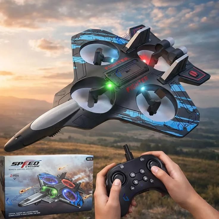Fighter Jet RC Drone with LED Lights 2.4GHz Remote Control QuadCopter Plane | Rechargeable Foam Aircraft Toy | Long Range RC Airplane for Kids & Adults