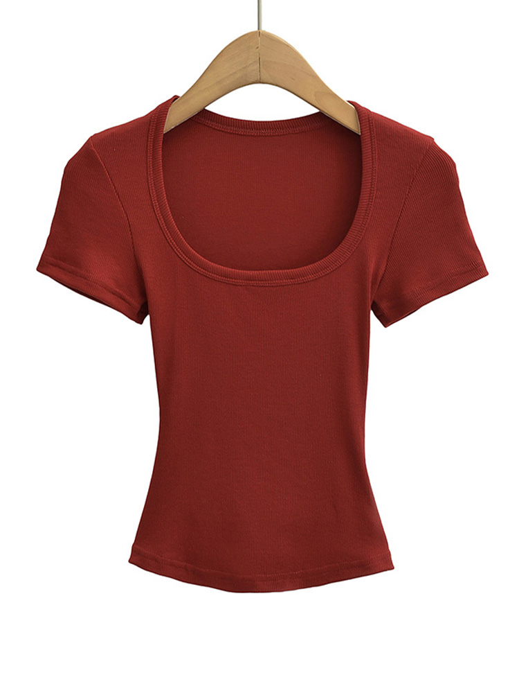 Women's Square Collar Slim Fit Crop Top High Stretch Short Sleeve Pullover  Summer Blouse T-shirt Bottoming