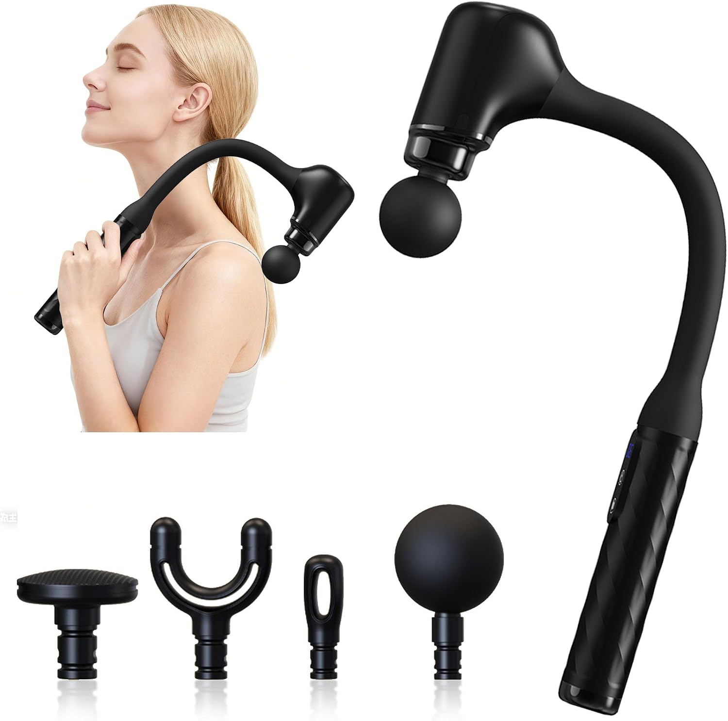 Massage Gun with Upgraded Extension Handle, Back Massager for Pain Relief, Massage Gun Deep Tissue with 4 Massage Heads, Handheld Massager for Neck Shoulders Waist Arm Legs, Black