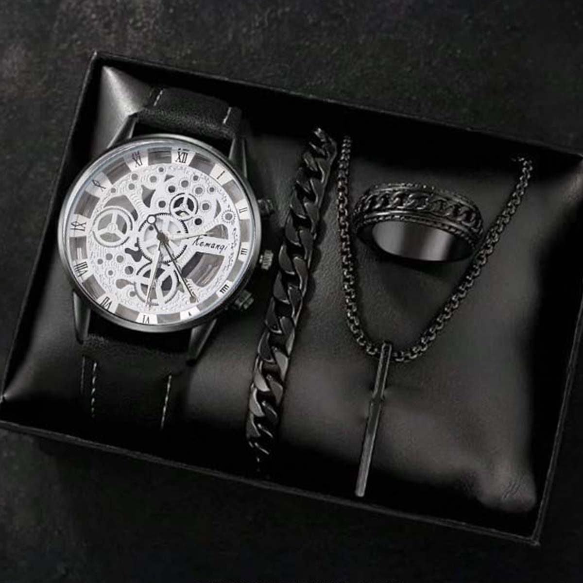 Pack of 4 Watch Set for Men and Boys Stainless Steel Quartz Watch with Chain Bracelet Ring and Locket Fashion and Luxury Style Multiple Colors