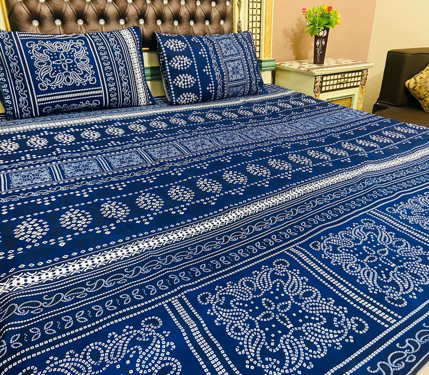 Bed sheet 3piece king size double Sindhi chunri design's 3D print