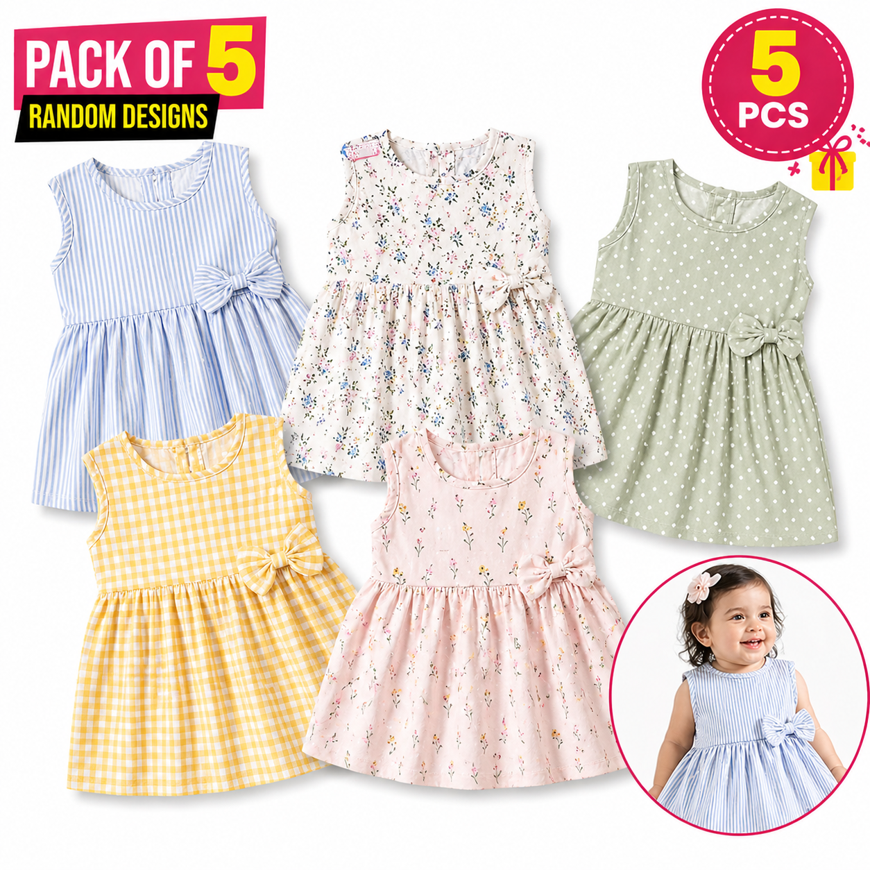 Pack of 5 Baby Girl Frock Random Design Cotton Baby Dress for Girls Newborn Infant Toddler 0-4 Years Cute Stylish Baby Girl Clothes Soft Comfortable Kids Frock Set Latest Baby Girl Frock Dress Summer Casual Party Wear Baby Girl Clothing Bundle Value Pack