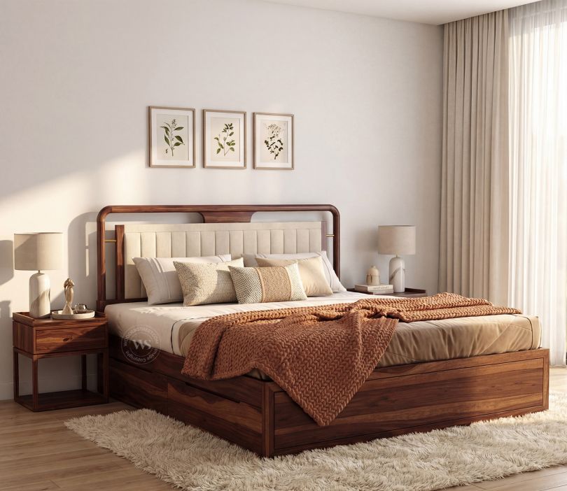 Sheesham Wood Bed with Upholstered Headboard & One Side  Drawer Storage (King Size, Jade Ivory, Teak Finish)