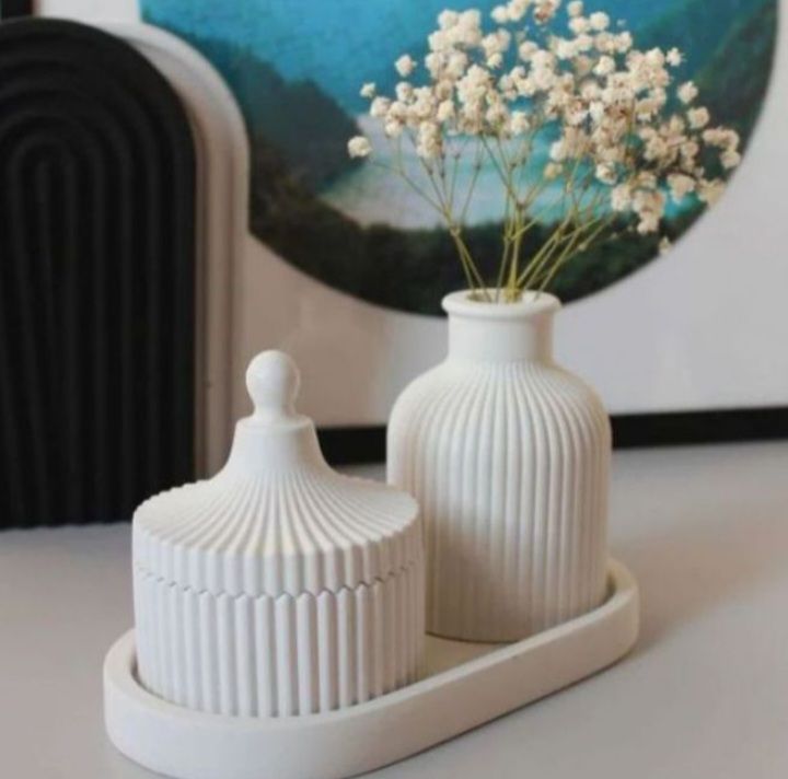 3 Pcs Set of Home Decor  1x Ribbed Concrete Mini Flower Vase, 1x Ribbed Concrete Trinket Jewellery Storage Box & 1x Oval Shaped Concrete Trinket Tray  Storage & Organisation  Decorative Accents  Jewellery Armoires & Boxes  Gift Sets