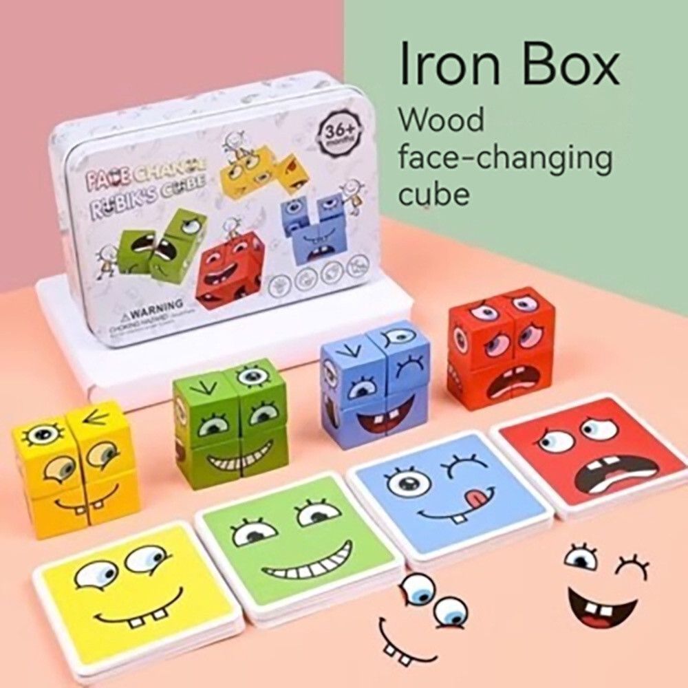 Wooden Face Changing Magic Cube Puzzle | Expression Matching Game for Kids & Adults | Educational Brain Teaser Toy | Family Board Game