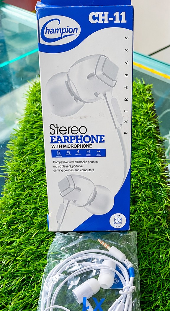 Champion CH-11 Stereo Earphones with Microphone – High Quality Wired In-Ear Headphones
CH-11 Wired Earphones with Mic – Clear Stereo Sound & 3.5mm Audio Jack for Music & Calls
Champion Stereo Earbuds