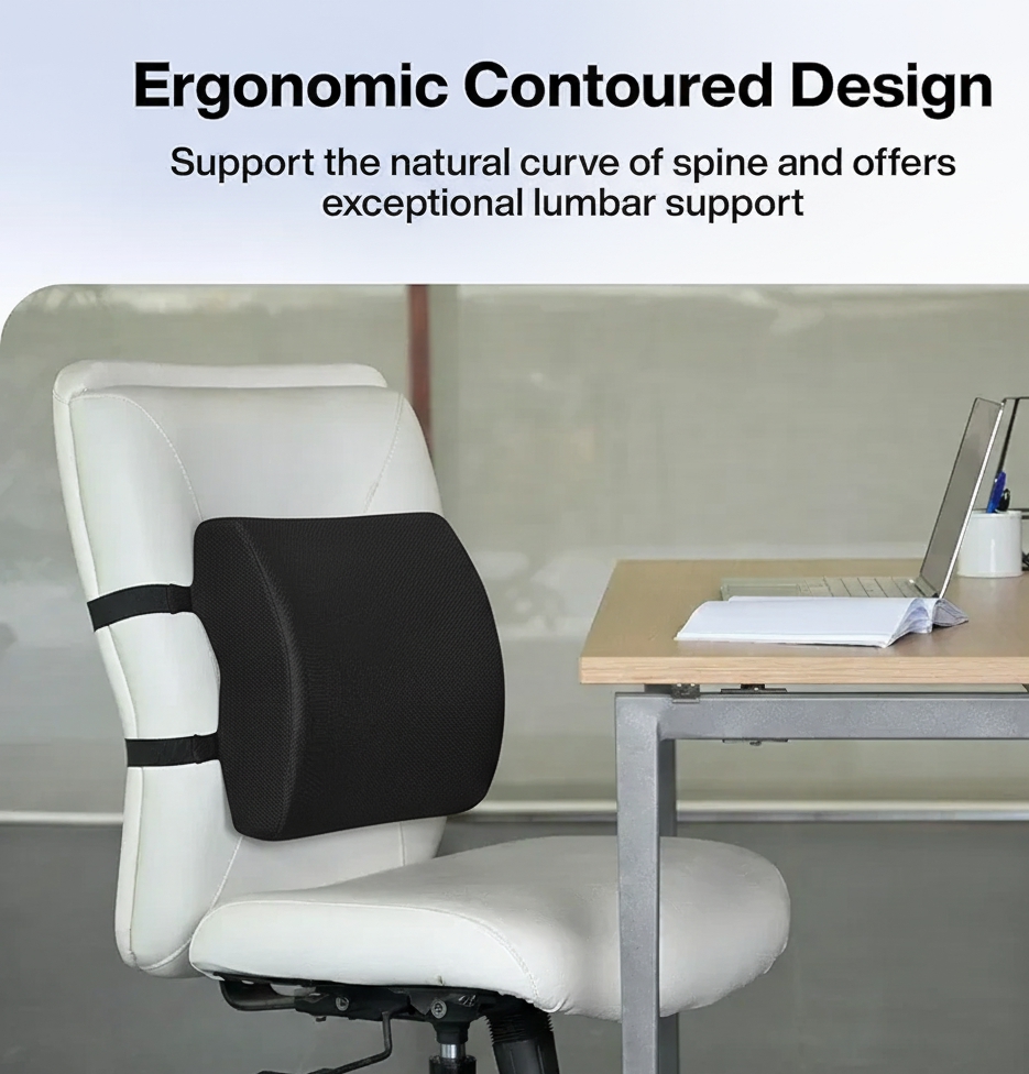 Ergonomic Memory Foam Lumbar Support Pillow – Back Pain Relief Cushion for Office Chair, Car Seat, and Home Use – Orthopedic Design, Washable Cover