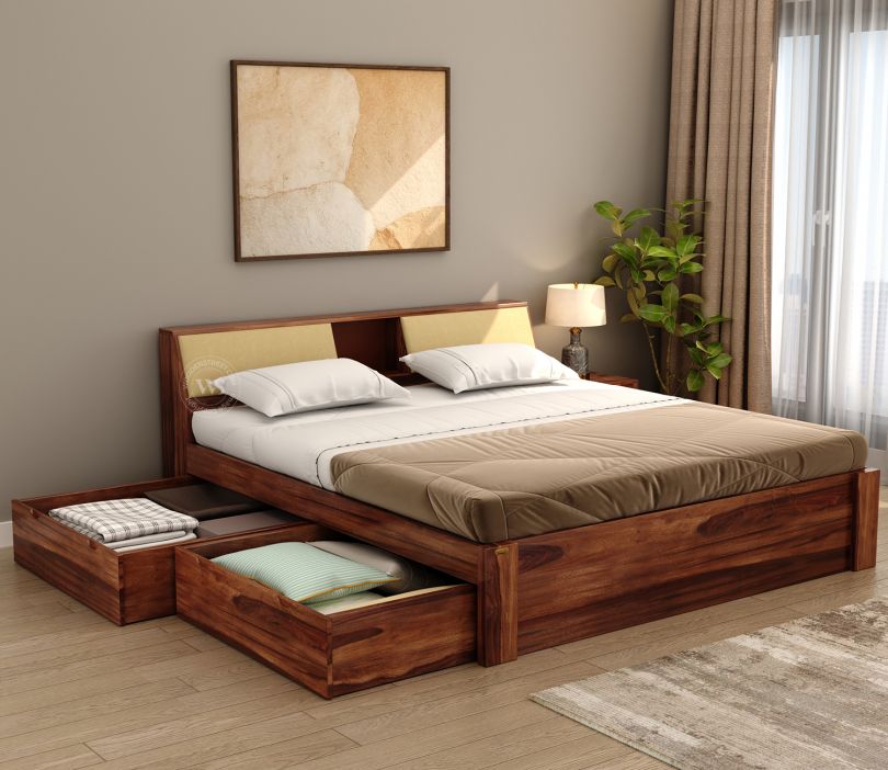 Walken Sheesham Wood Bed with Full Drawer Storage