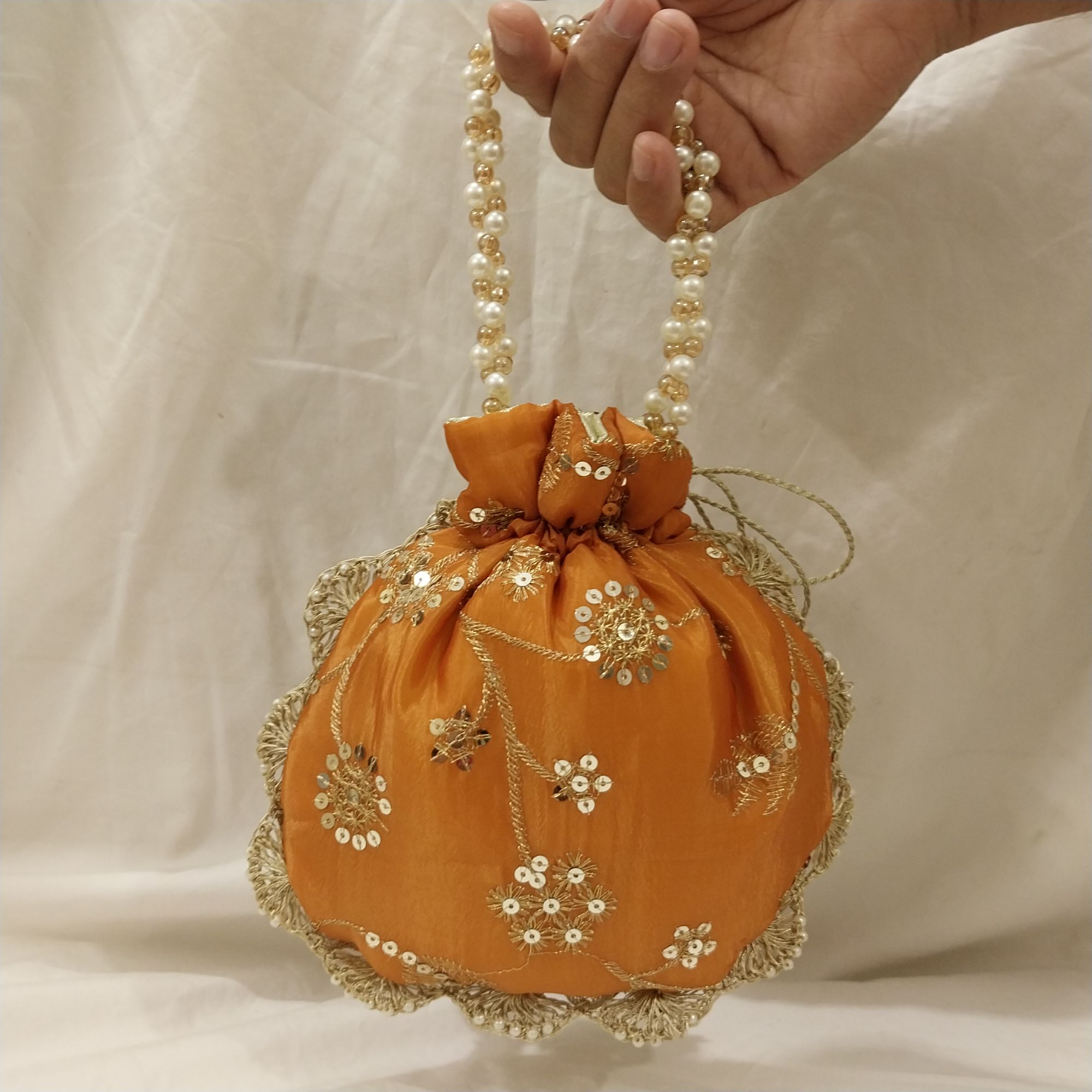 Embroidered Potli Clutch Bag with Pearl Handle for Party Wear