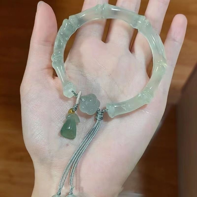 Chinese  Antique Style Imitation Jade Lotus Women Bangle Pendant Charm Bracelet Crystal Beads Chain Bracelet Jewelry Accessories