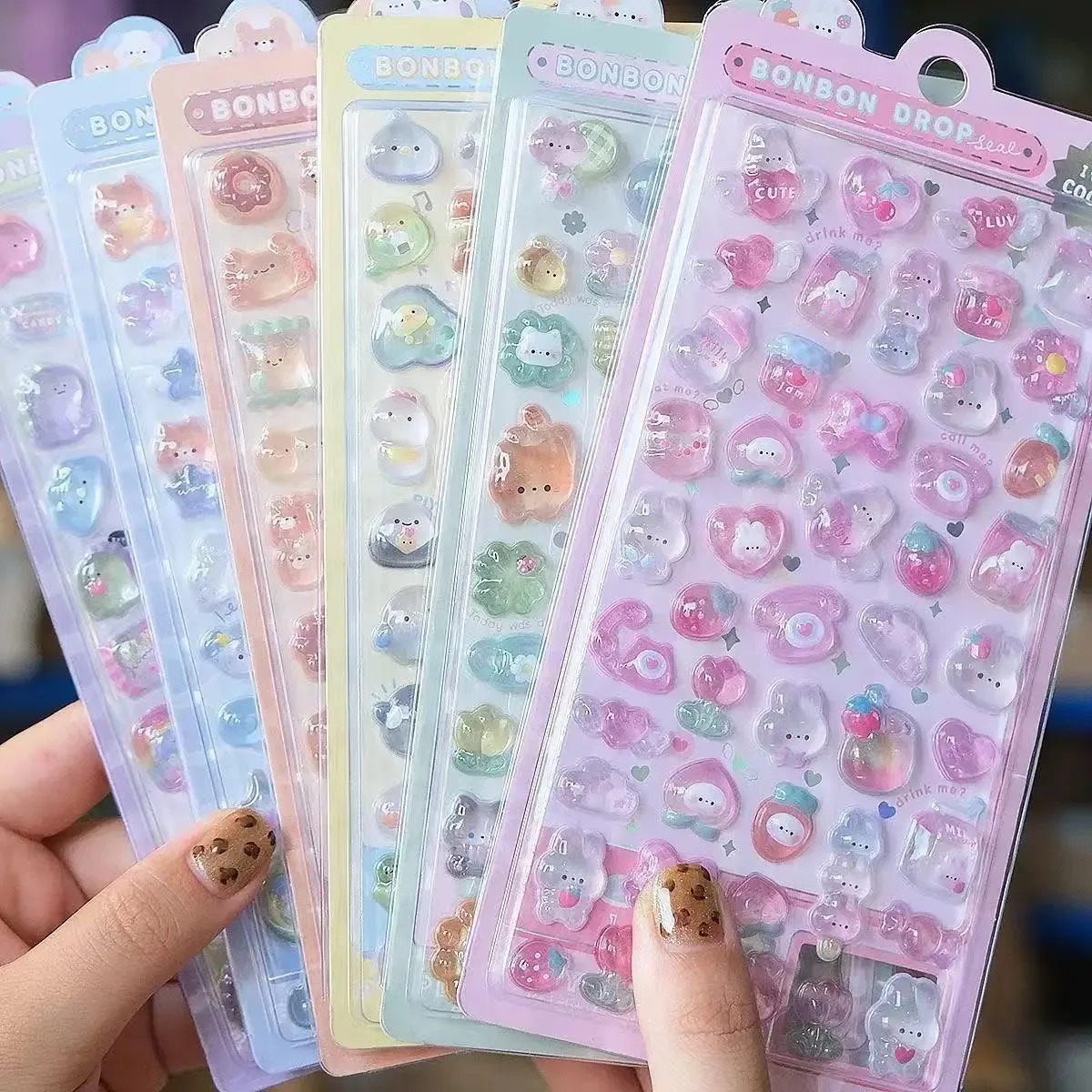 //Kawaii 3D Jelly Resin Stickers Cute Cartoon Sparkle Transparent Decals for Scrapbooking Phone Case Laptop DIY Decor..