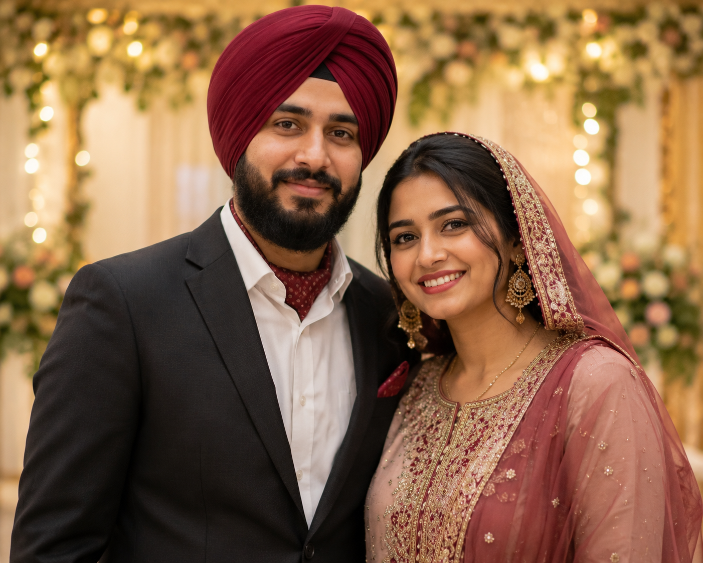 Happy Sikh couple celebrating their Anand Karaj matrimonial match with MatchFusion Matrimony - Trusted marriage services for all Sikh communities worldwide