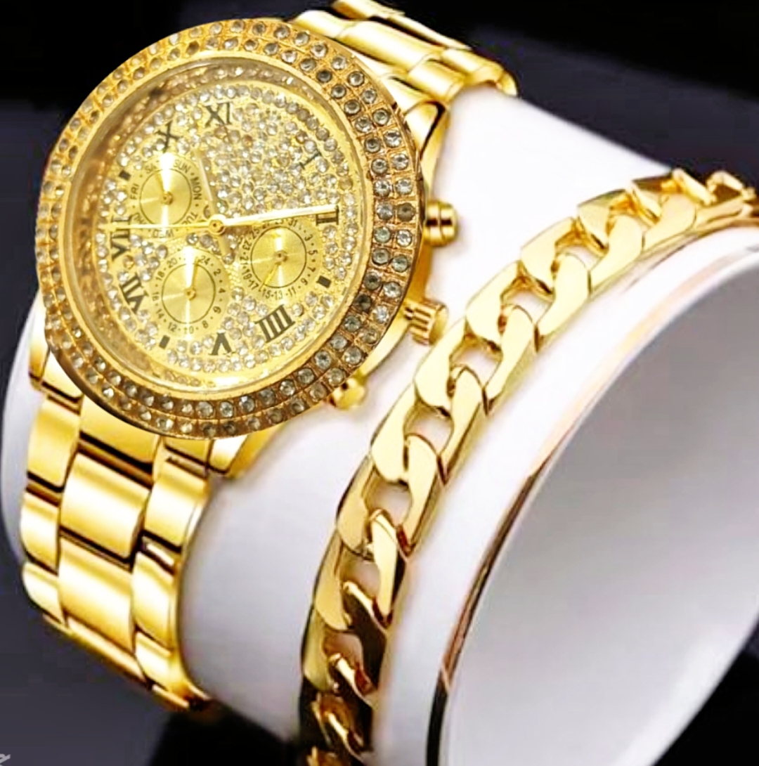 PACK OF 2 /TOP TRENDING  HIGH QUALITY LUXURY STONE WATCH WATCH DEAL-TOP FASHION GOLDEN ROUND WITH WHITE ZIRCONIA CROWN WATCH+STAINLESS STEEL CUBAN LINK HEAVY BRACLATE FOR MEN- BEST GIFT FOR WEDDING ENGAGEMENT CASUAL  WATCH DEAL FOR MEN