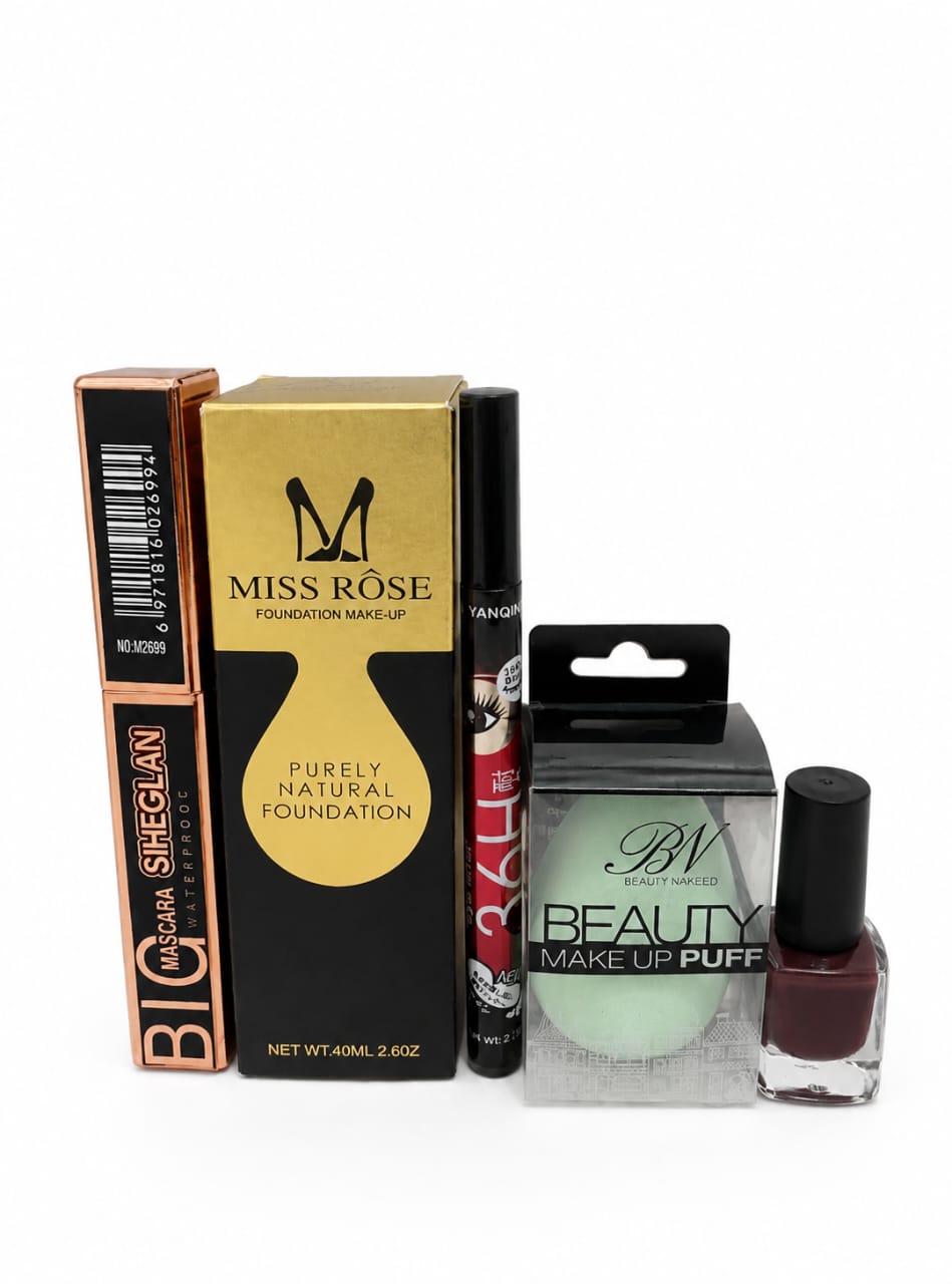 Luxury 5 in 1 Makeup Deal for Women | Foundation, Mascara, Eyeliner, Nail Polish & Beauty Blender