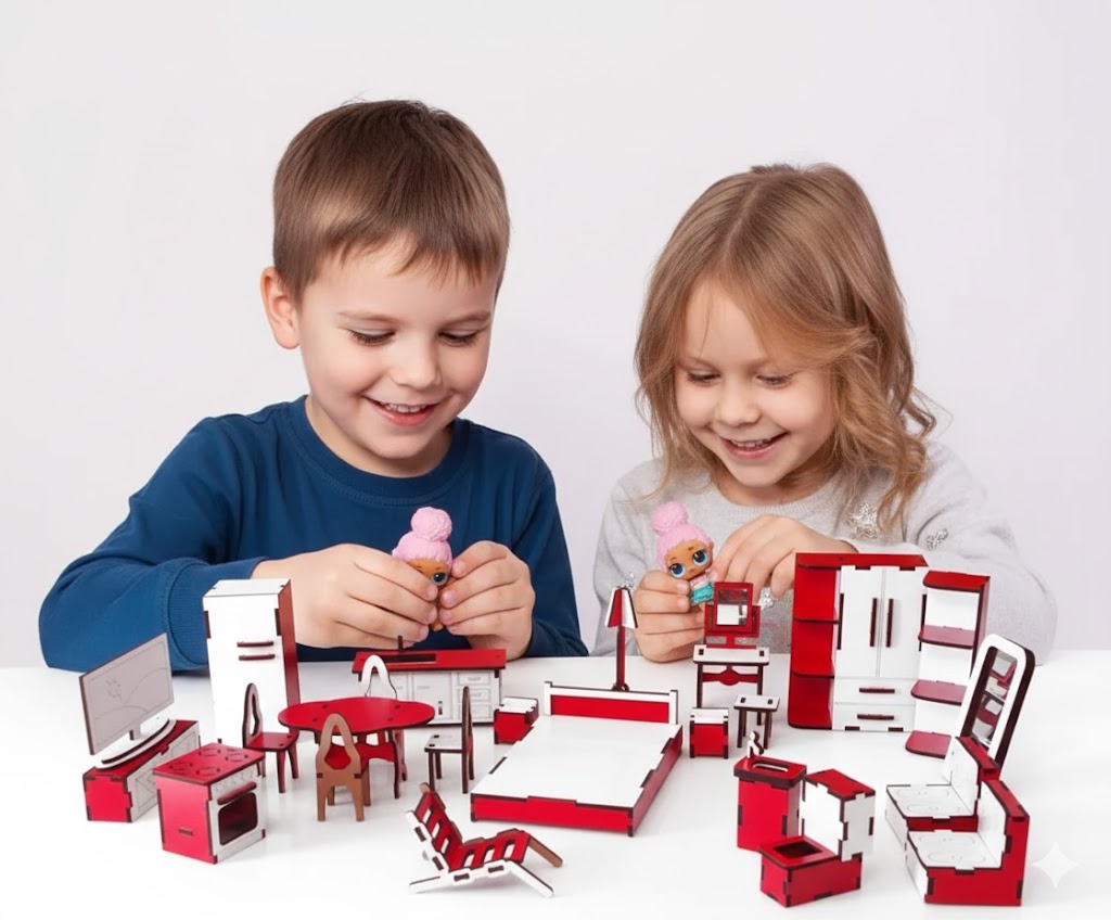 30-Piece Wooden Dollhouse Furniture Set - Miniature Kitchen & Bedroom Accessories