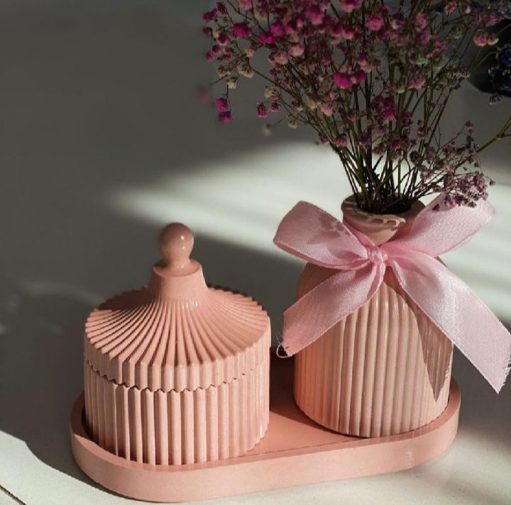 3 Pcs Set of Home Decor  1x Ribbed Concrete Mini Flower Vase, 1x Ribbed Concrete Trinket Jewellery Storage Box & 1x Oval Shaped Concrete Trinket Tray  Storage & Organisation  Decorative Accents  Jewellery Armoires & Boxes  Gift Sets