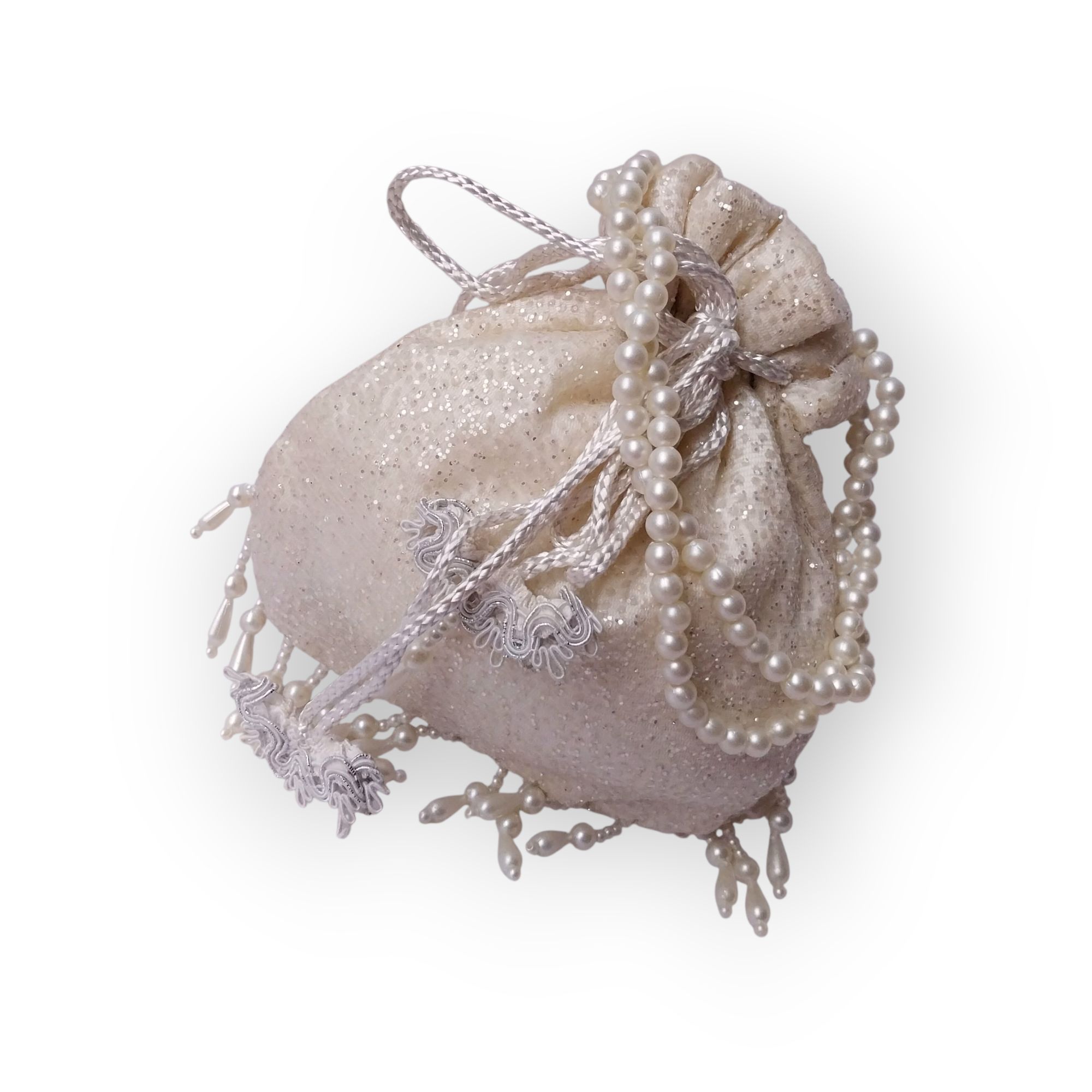 SHINY fancy potly clutch with pearl tassels