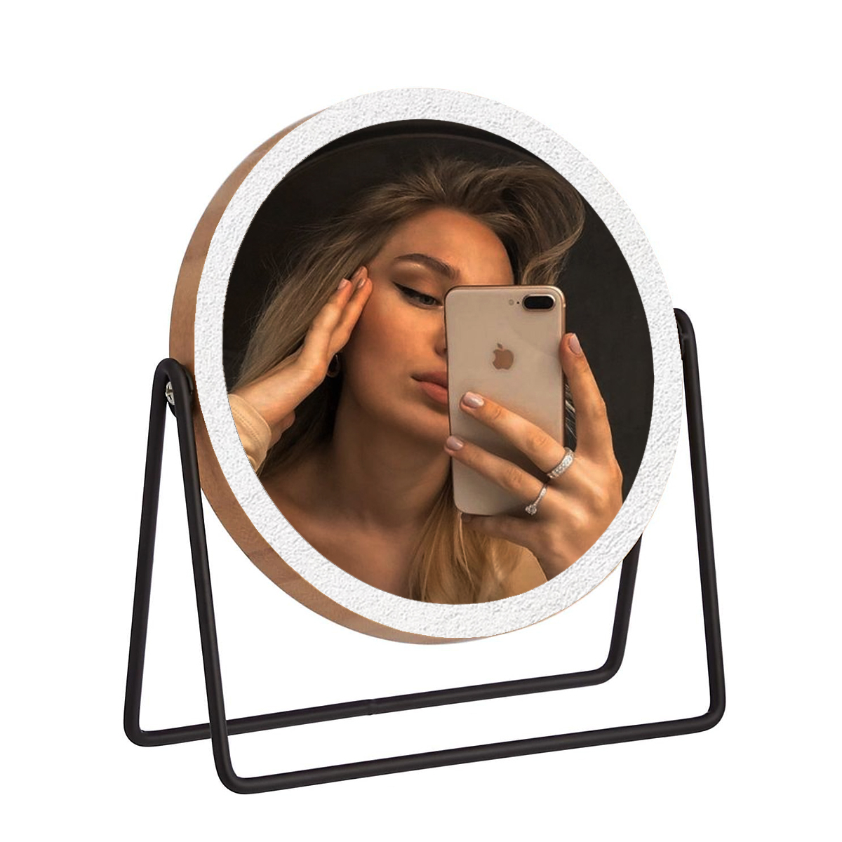 Basics Vanity Round Mirror 360 Moveable Clear Look With Wooden Rim Metal Base Stand Tabletop Mount 7.2"L x 2.87 "W Inches Size For Makeup Dressing Table And Console