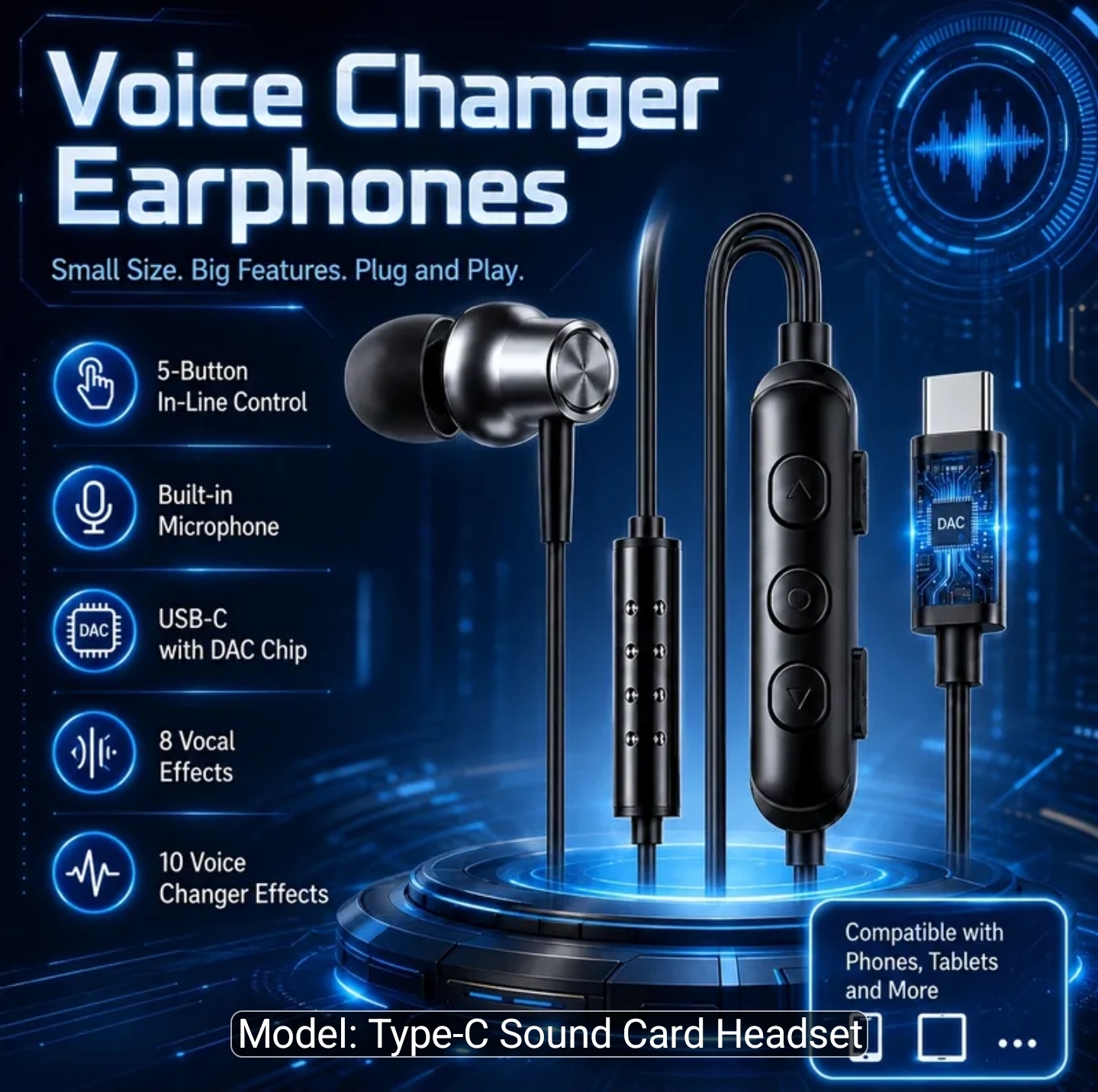 10-in-1 Voice Changer Earphones Type-C - Professional Sound Card Gaming Headset with Male/Female, Robot & Loli Voice Effects