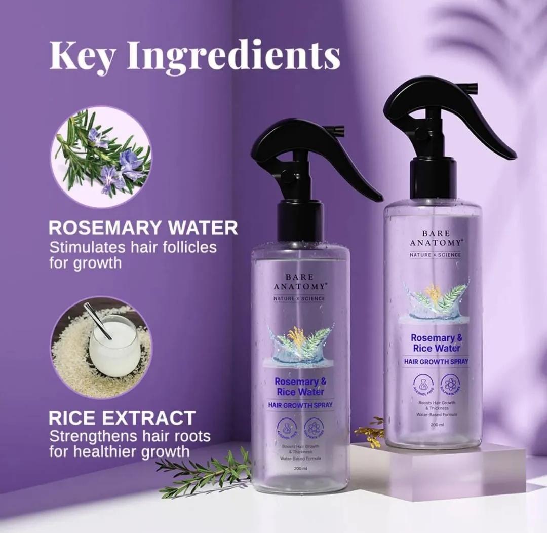 Bare Anatomy Rosemary Water Spray for Hair Growth & Hair Fall Control - 200ml | Rice Water Hair Serum for Stronger Hair | Natural Hair Tonic for Men & Women