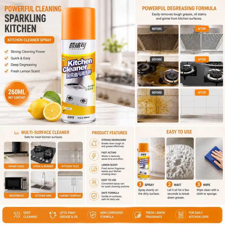 Kitchen Cleaner Spray 260ml | Multipurpose Kitchen Cleaning Spray | Grease & Oil Remover | Stove, Sink & Countertop Cleaner