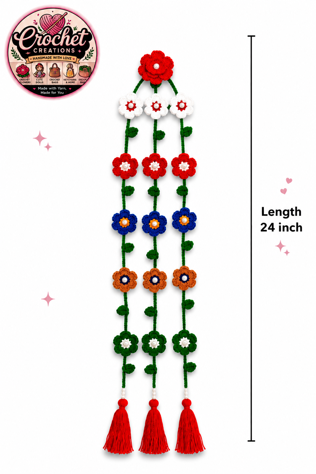 Crochet Beautiful Flower Hair Braid Tassels | Length 24 inches | Handmade Crochet Pranda For Girls | Crochet Floral Colorful Pranda | Customizable Pranda  | Traditional hair Accessory