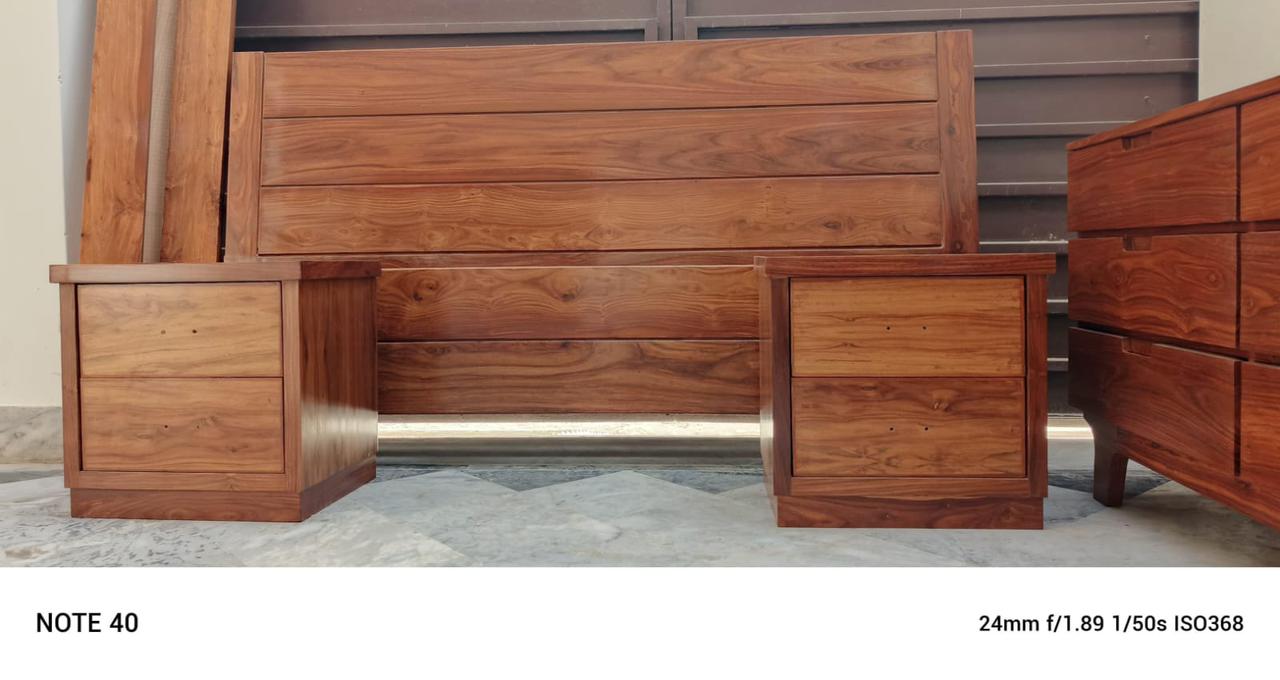 Modern King Size Bed With 2 Side Tables Sheesham Solid Wood