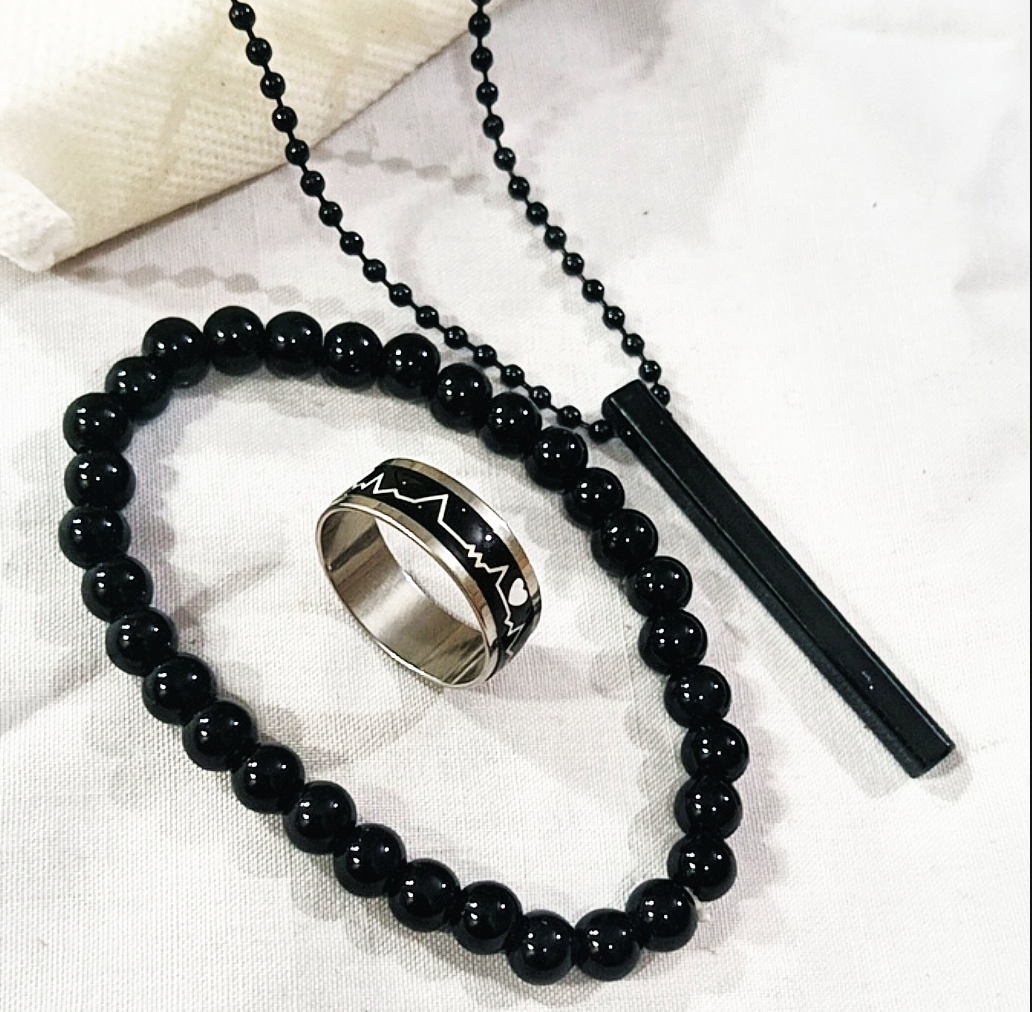3pcs/Amazing Black Stainless steel Locket Deal -Top Fashion High Quality Black 3D Bar Stick Locket +heart Beat Random Size Ring +Cuban Link Chain Braclet For Men/Women-Trendy Jewelry set For Boys and Girls