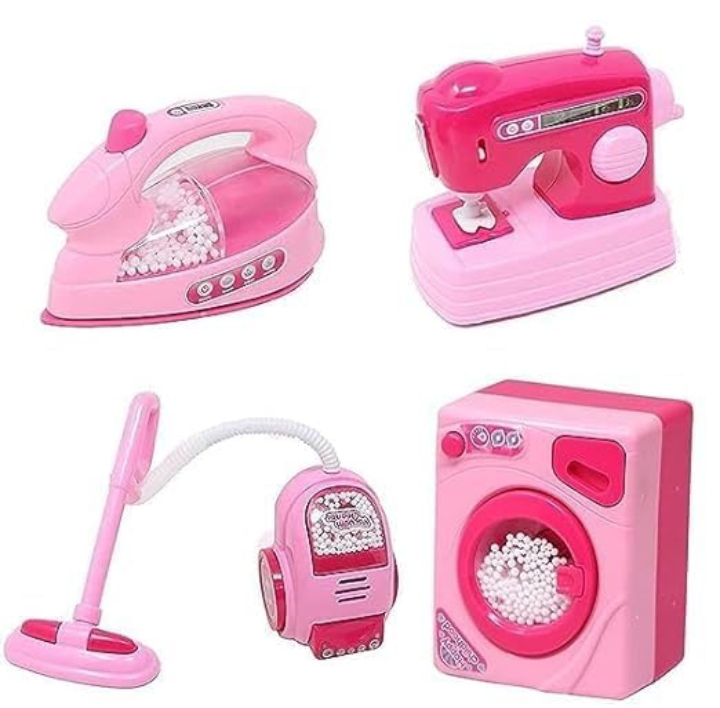 Operated Plastic Household Home Appliances Play Set Toys with Realistic Sound for Kids (iron, sewing, juicer,vacume &washing machine )