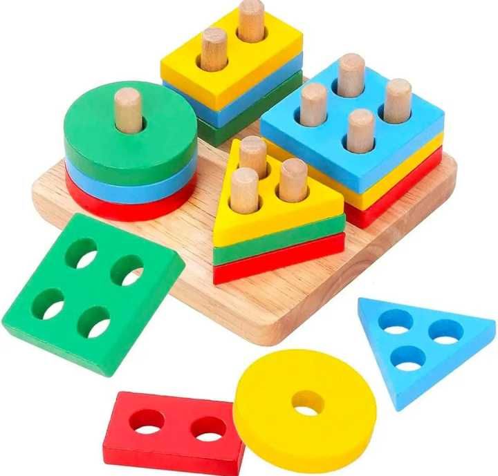 Intellectual Geometric Shape Matching Four Column Blocks Educational & Learning Toys, Wooden Geometric Shape Sorter Puzzle