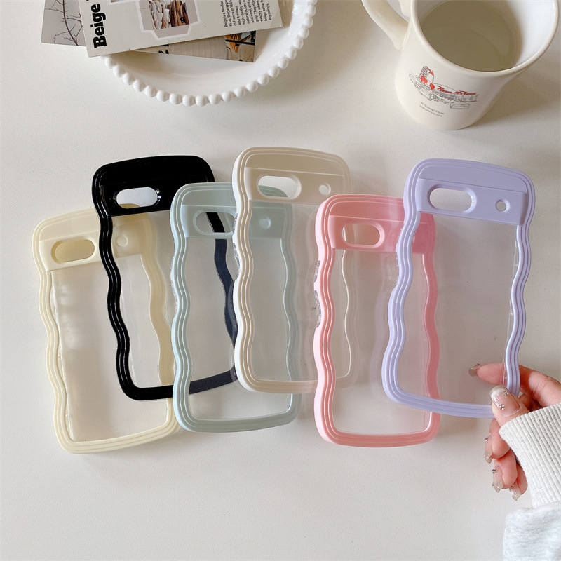 Korean Solid Colors Wavy Frame Transparent Phone Case For Google Pixel 11 10 9 Pro 9A 8 8A 7A Clear Shockproof Protective Cover