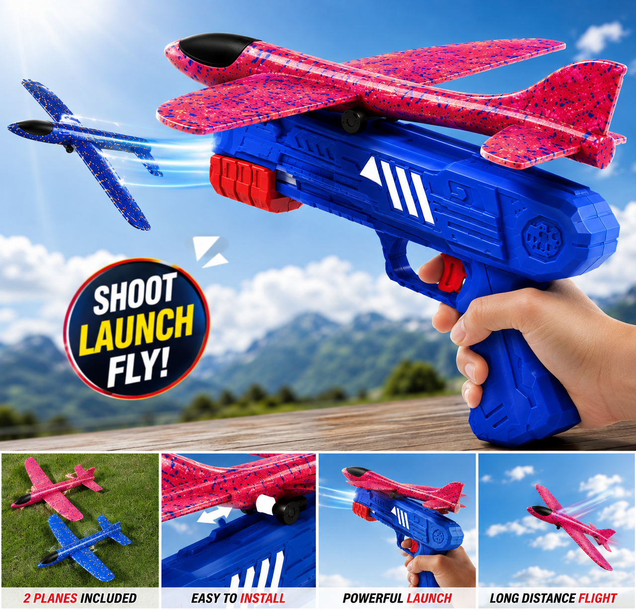 Airplane Launcher Toys, 2 Pcs One-Click Foam Glider Plane for Birthday Gifts, Flying Bubble Airplane Toys for Boys Girls Kids 3+