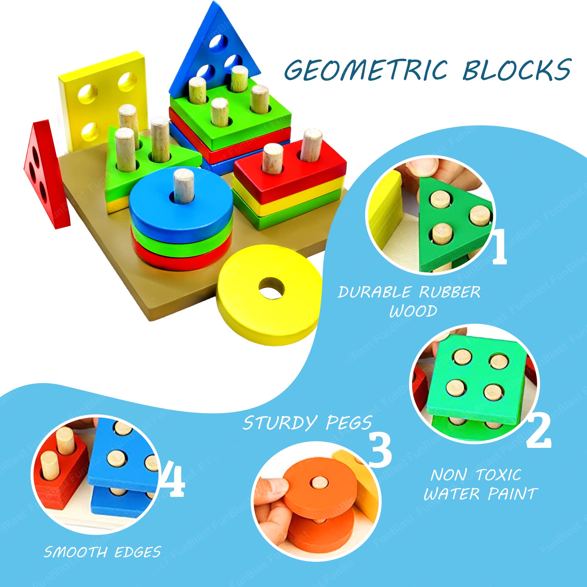 Intellectual Geometric Shape Matching Four Column Blocks Educational & Learning Toys, Wooden Geometric Shape Sorter Puzzle