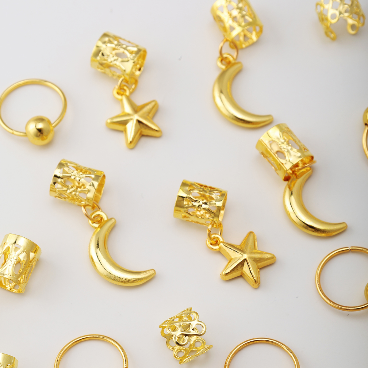 Golden Star Moon Hair Rings Set 30PCS Dreadlock Hair Cuffs Braid Accessories
