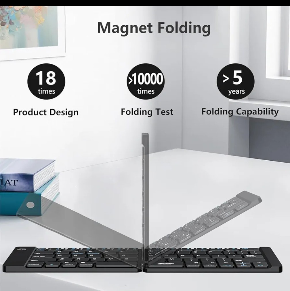 Foldable Keyboard - Portable Travel Keyboard, Rechargeable Full Size Ultra Slim Mini Folding Wireless Keyboard for iOS Android Windows Smartphone Tablet and Laptop