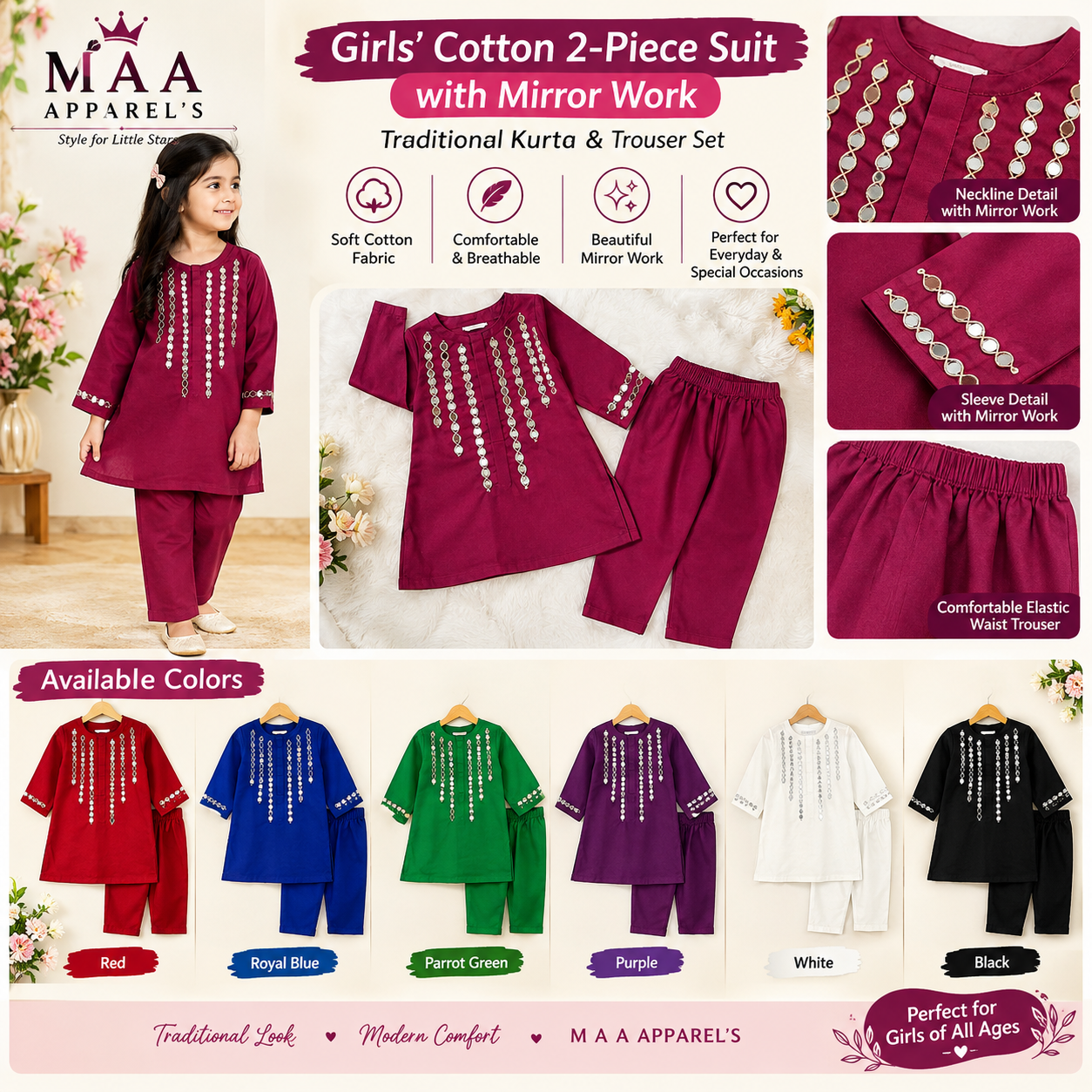 Girls' Cotton 2-Piece Suit | Mirror Work Kurta & Trouser
