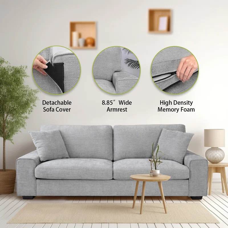 Square Arm Sofa 3 Seater Modern Upholstered couch With 2 Toss Pillows ...
