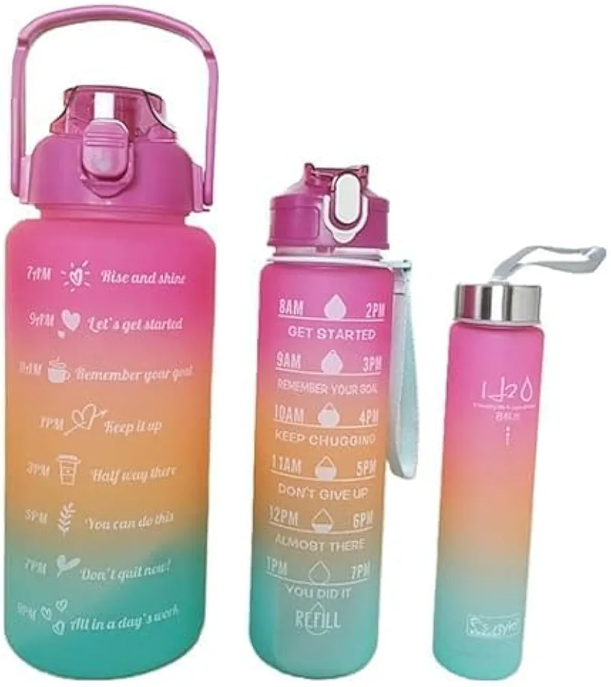 3pcs Motivational Water Bottles, Gradient Color Water Bottles with Straw, Handle, and Cleaner - BPA Free, Leak-proof, Portable Water Bottles for School, Fitness, Outdoor Sports, Travel, Office, and Home - Best Water Bottles Set - Summer Trending Product